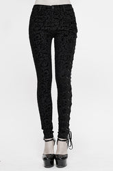 Black Gothic Flocking Patterned Laced Up Asymmetrical Side Womens Pants
